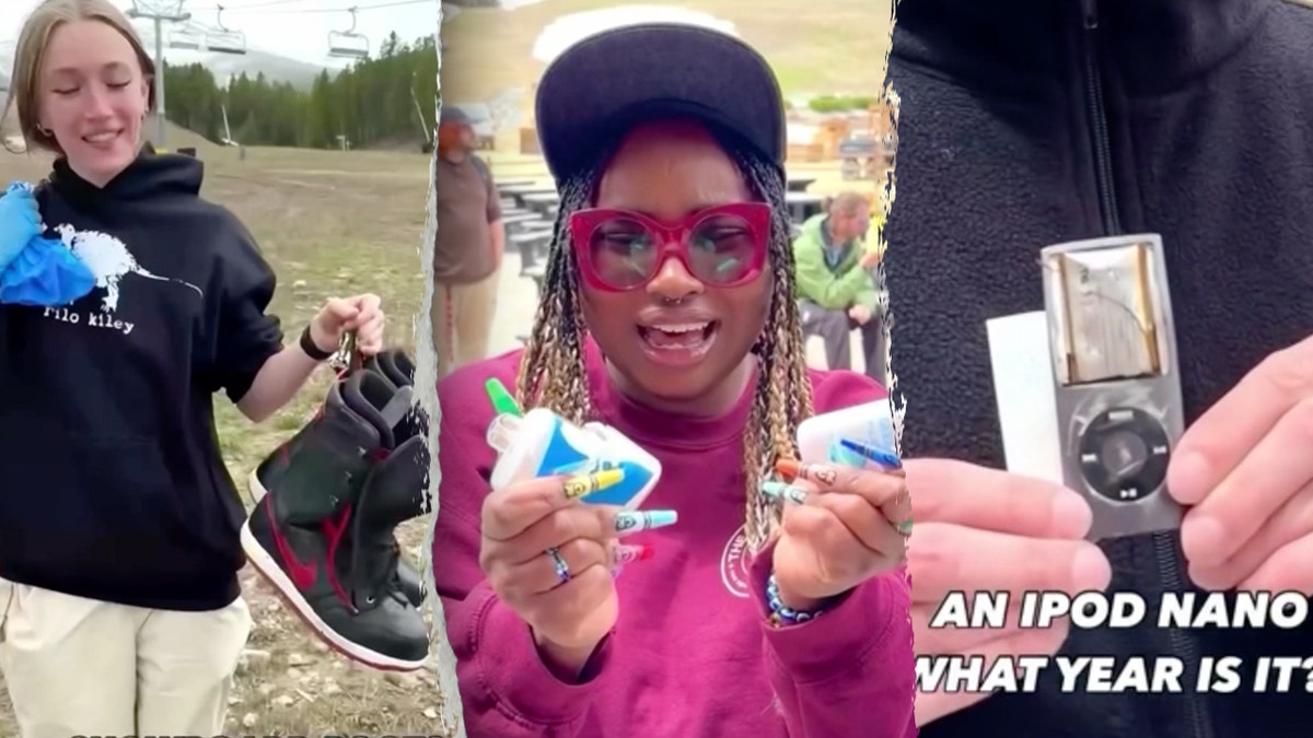 Split image of staff holding boots, vape catridges and an iPod nano