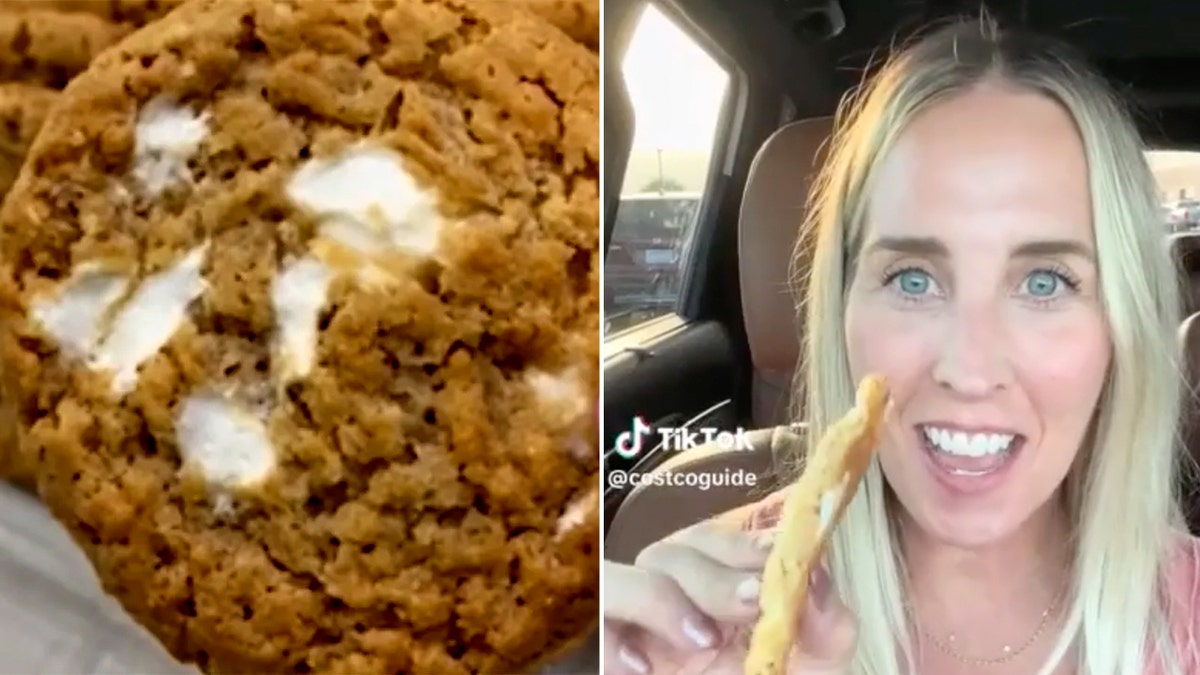 Angela Ackerman, right, is shown holding a Kirkland Signature Marshmallow Crisp Cookie from Costco, seen up close on the left.