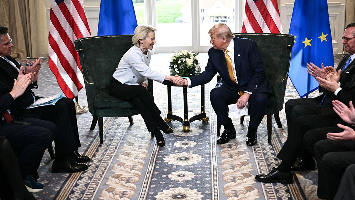 Donald Trump shakes hands with EU