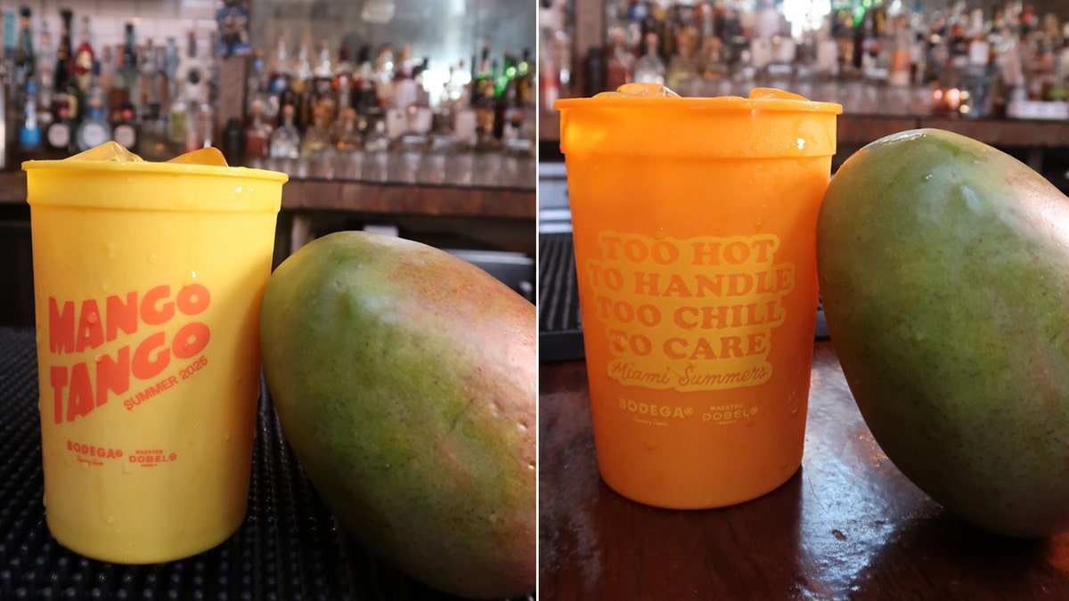 The Mango Tango cocktail is shown next to a mango in a split image showing a yellow (left) and orange cup.
