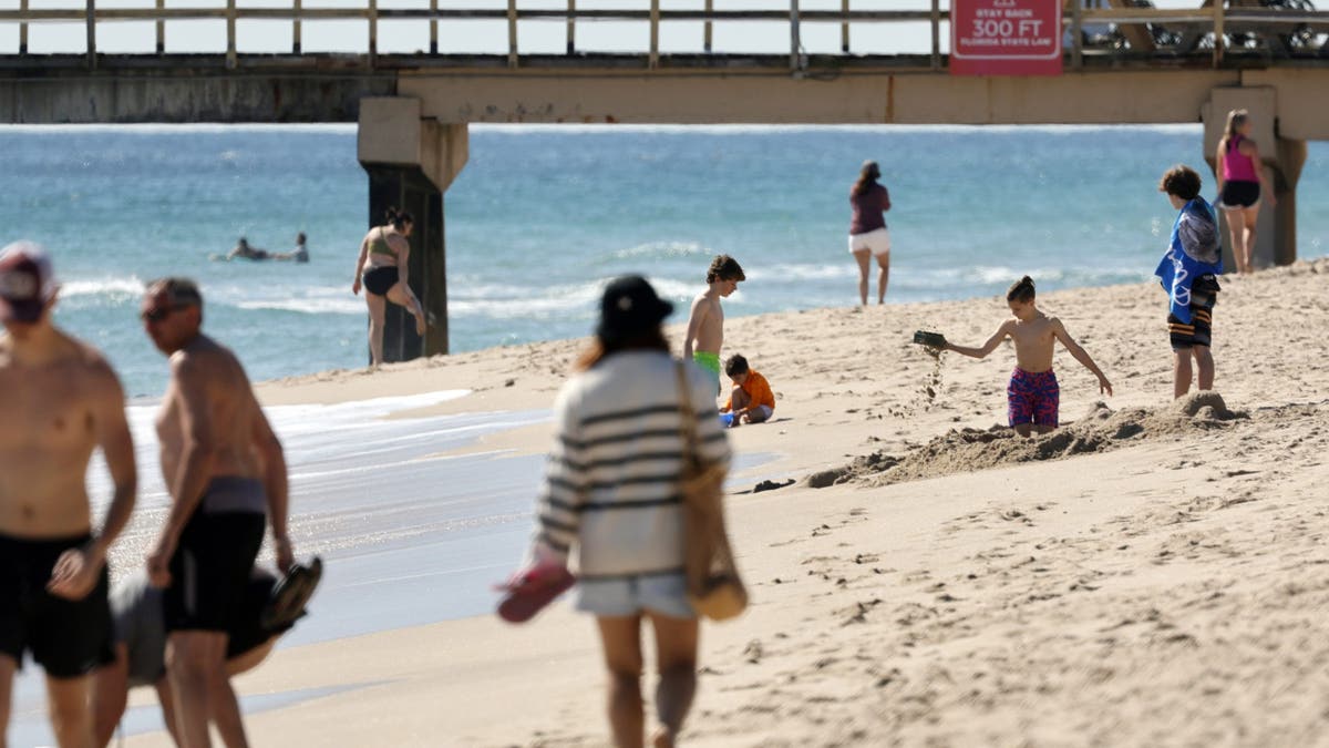 People walking and playing on a beach