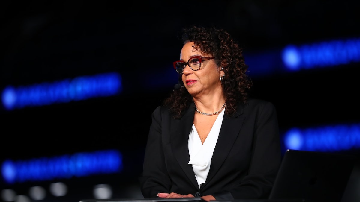 Carolyn Peck speaks before the game between the Minnesota Lynx and the New York Liberty during Game One of the 2024 WNBA Finals on October 10, 2024 at the Barclays Center in Brooklyn, New York.