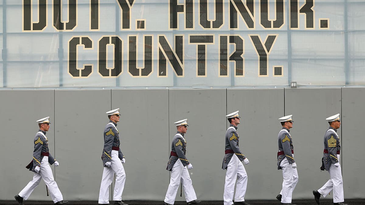 The graduating class of the United States Military Academy arrive for their graduation ceremony at West Point in Michie Stadium on May 24, 2025, in West Point, New York.