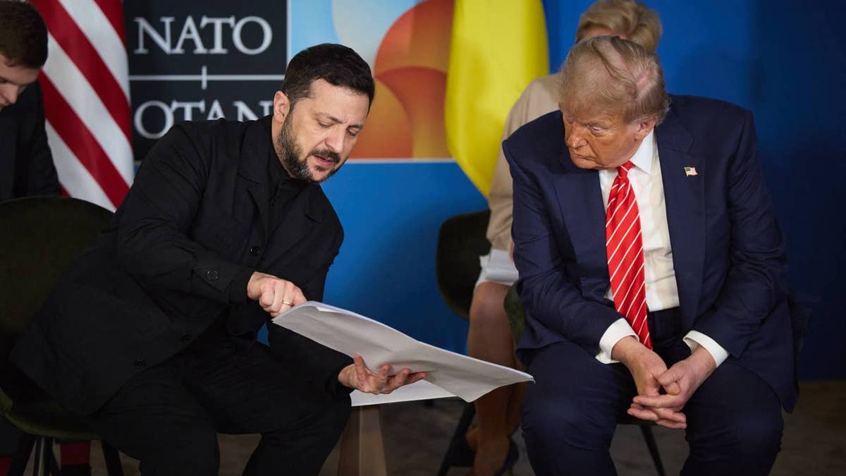 THE HAGUE, NETHERLANDS - JUNE 25: US President Donald Trump and Ukrainian President Volodymyr Zelenskyy meet during the NATO Heads of State and Government Summit in The Hague, Netherlands on June 25, 2025. (Photo by Zelenskiy / Offical Telegram Account / Handout/Anadolu via Getty Images)