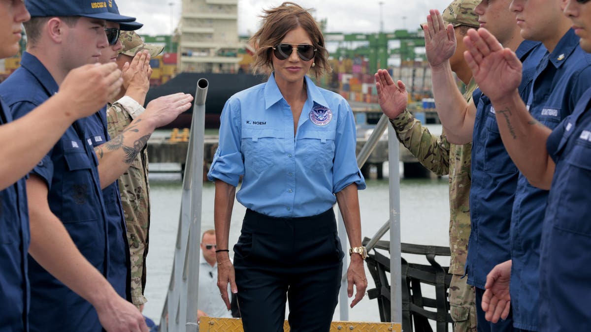 U.S. Homeland Security Secretary Kristi Noem boards nan U.S. Coast Guard Cutter Escanaba for a gathering connected supplier interdiction connected June 24, 2025 successful Panama City, Panama.