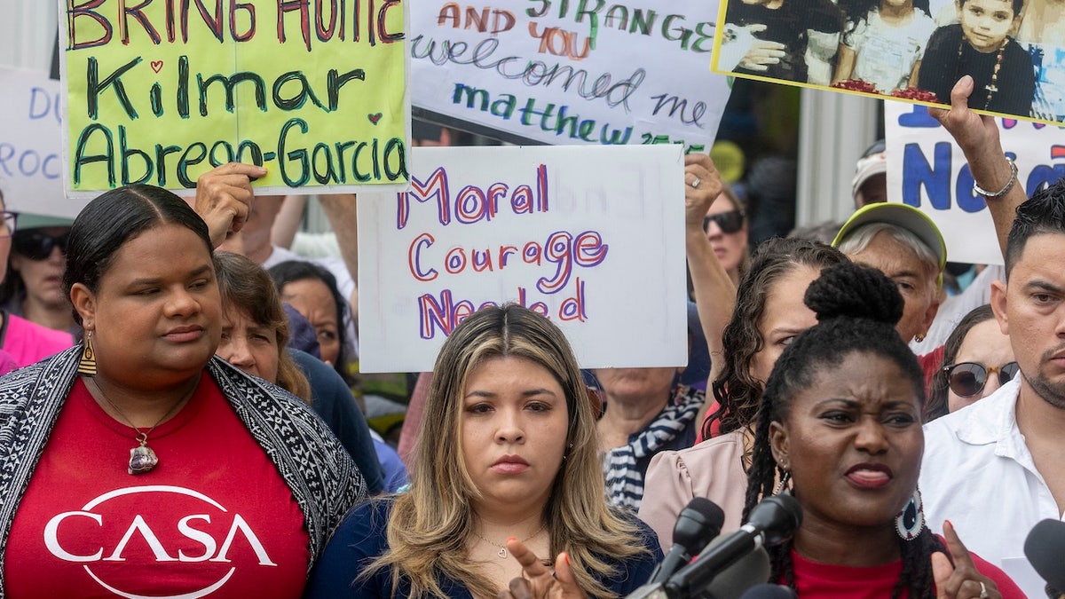 Wife of Kilmar Abrego Garcia joins rally outside Maryland courthouse demanding his return.