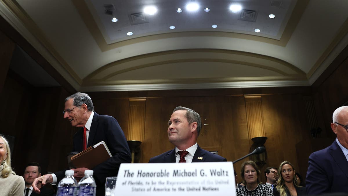 Former National Security Adviser Michael Waltz prepares to testify during his confirmation hearing before the Senate Committee on Foreign Relations in the Dirksen Senate Office Building July 15, 2025, in Washington.