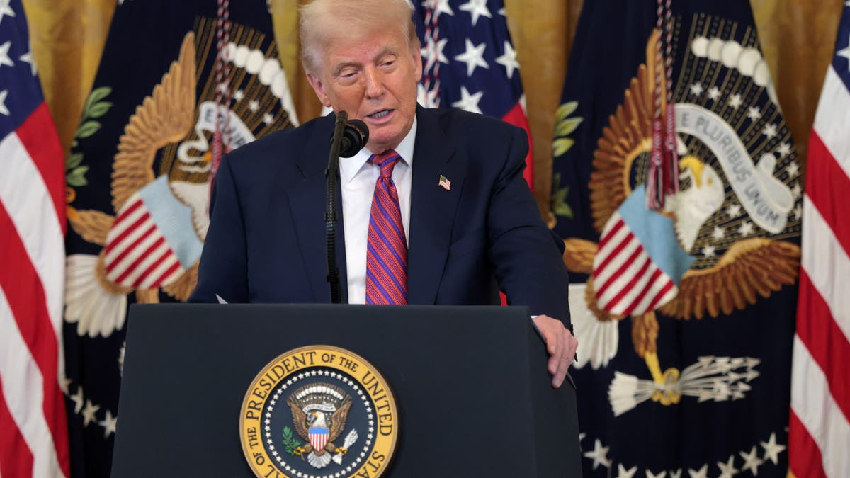 President Donald Trump delivers remarks during a signing ceremony for the "GENIUS Act" in the East Room of the White House on July 18, 2025, in Washington.