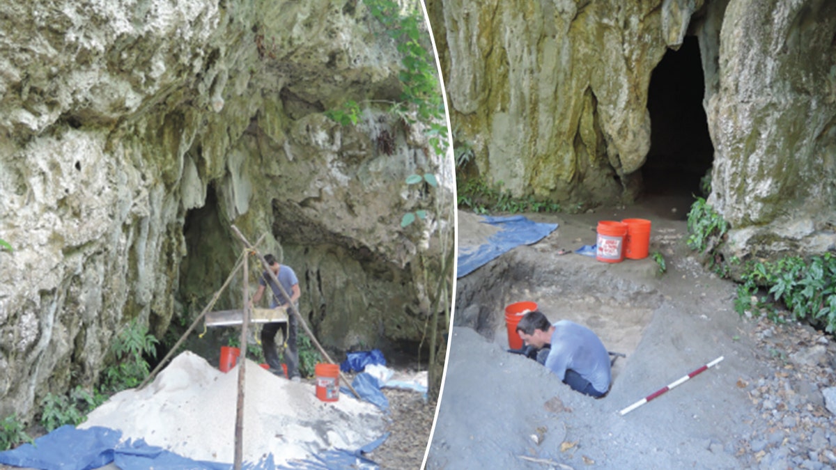 Split image of archaeologist working at cave site