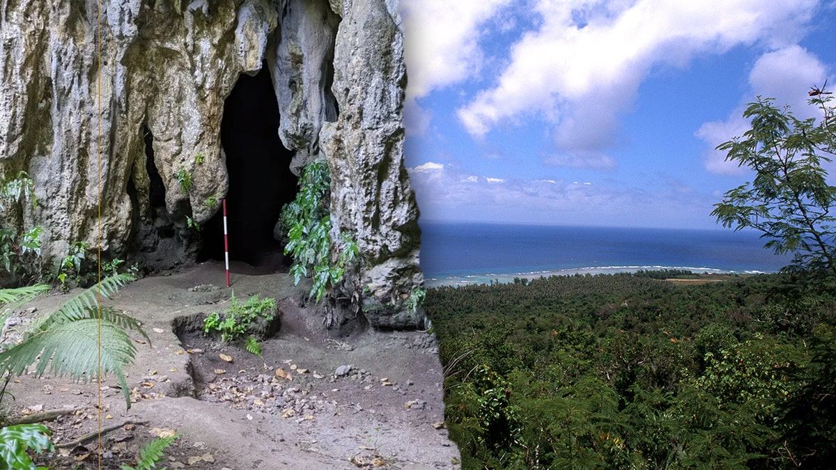 Split image of cave, Guam beach