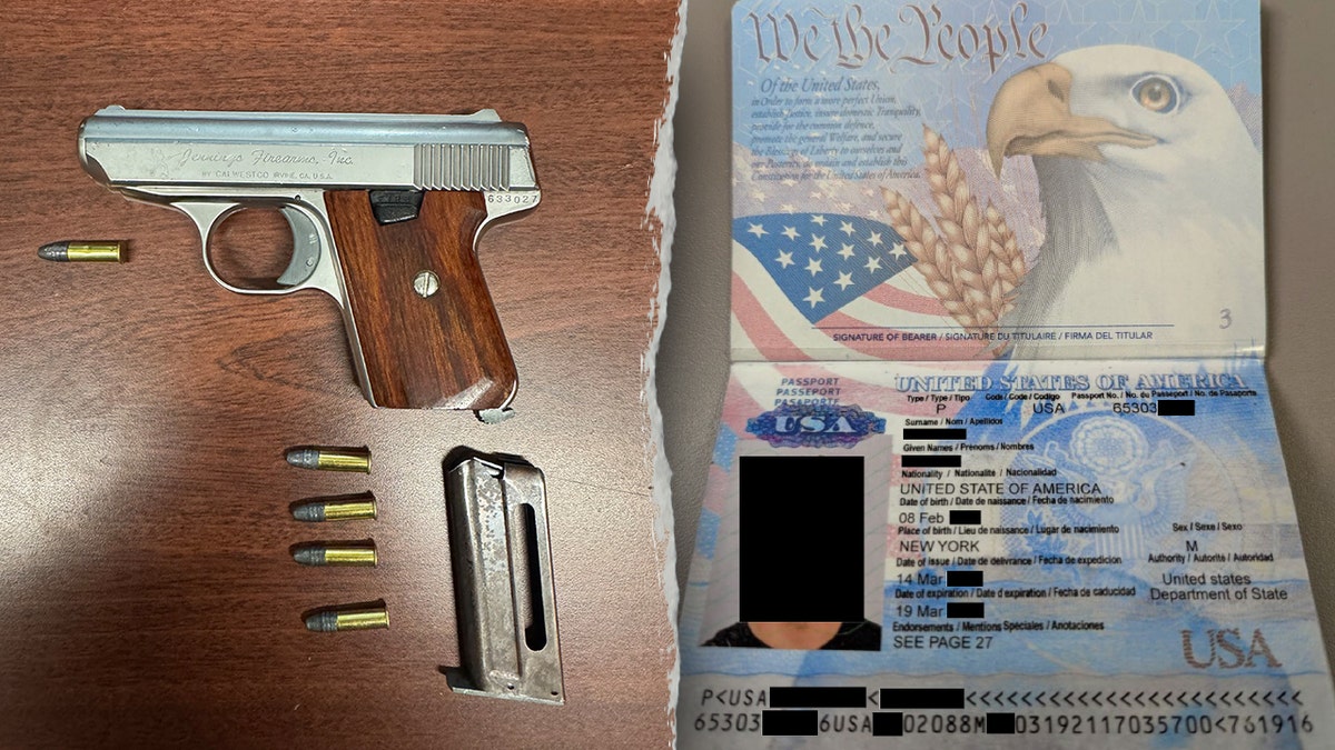 A gun and a fake U.S. passport retrieved by authorities