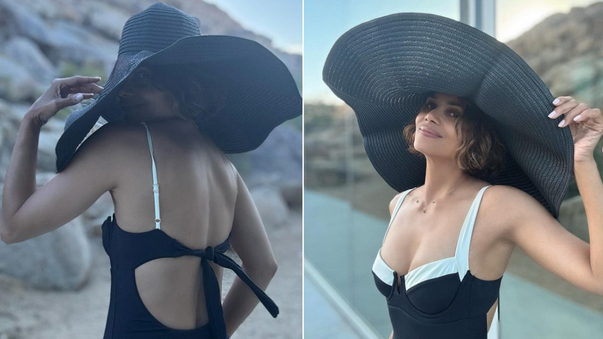 A side by side of Halle Berry posing in a black and white bathing suit.