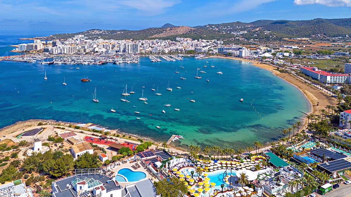 Aerial image of San Antonio Bay on the Island of Ibiza in Spain. 26th April 2024.