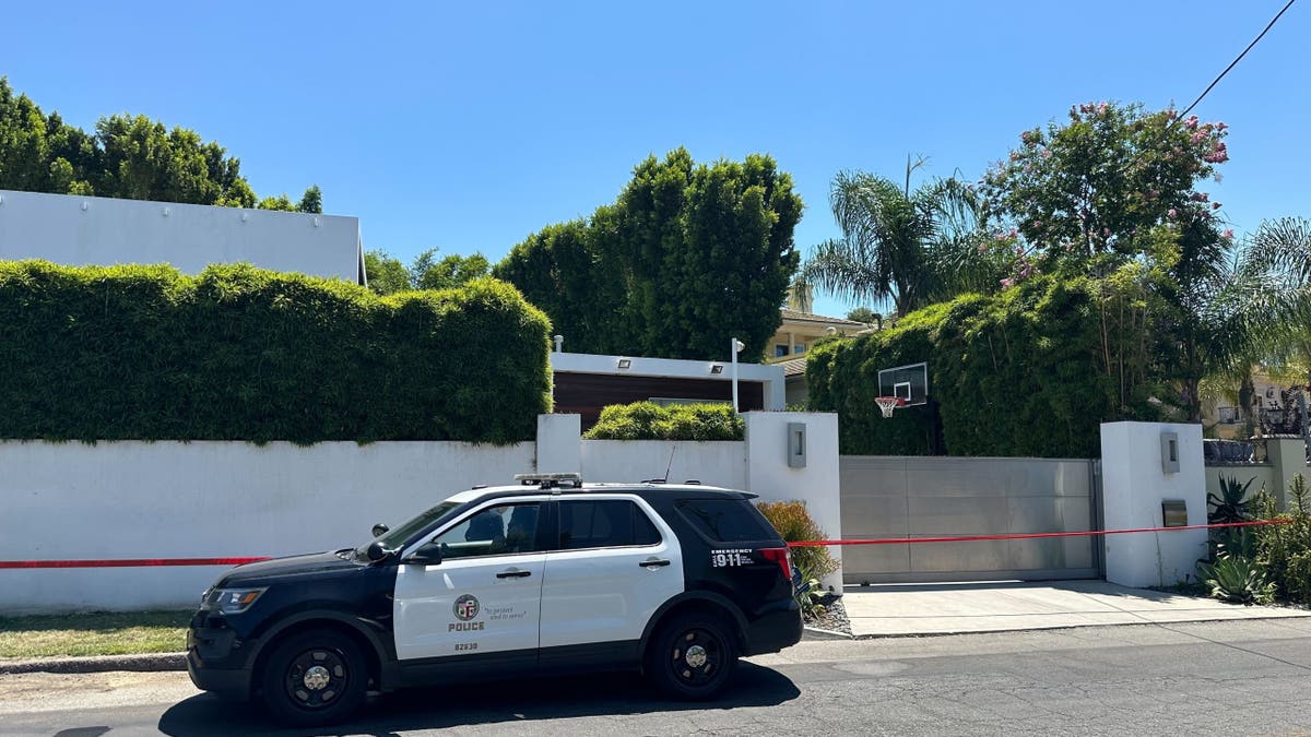 an exterior view of robin kaye and tom deluca's home in encino, california