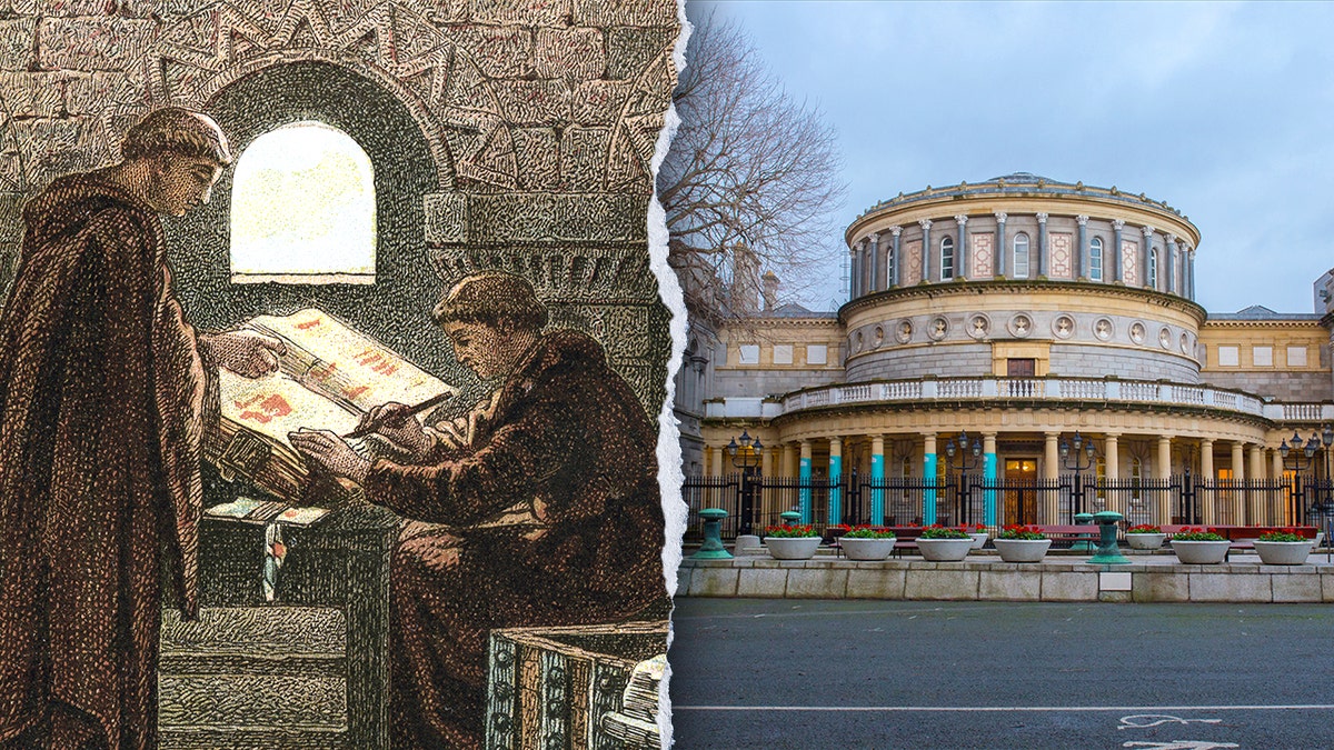 Illustration of a monk, a split image of the exterior of the museum