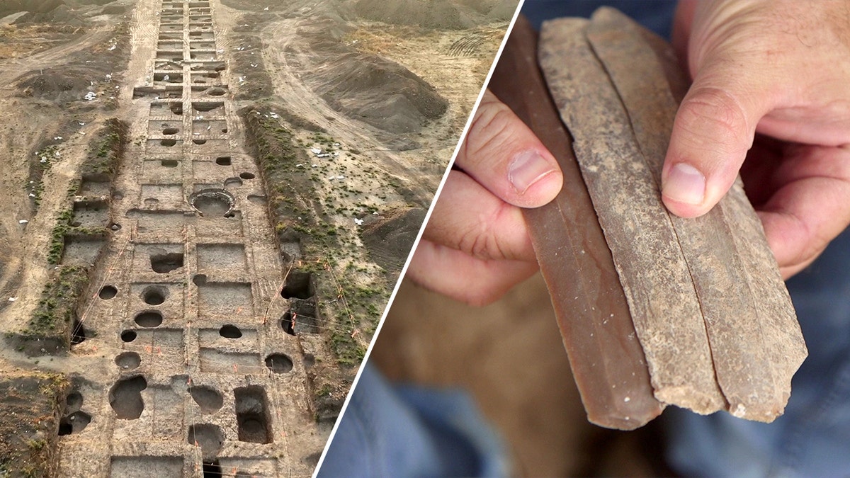 Split image of aerials, hand holding ancient blades