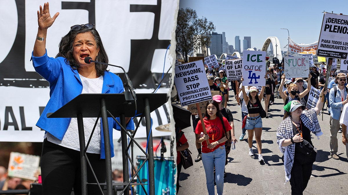 Split of Rep. Pramila Jayapal, D-Wash., and ICE protestors.