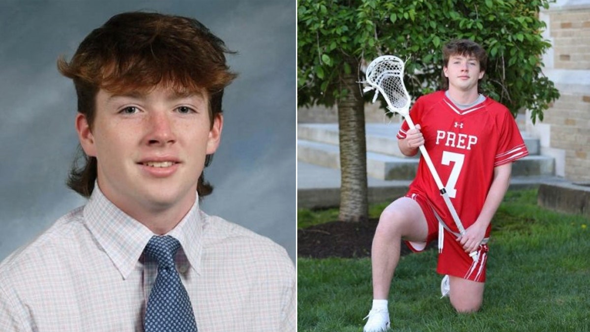 Split image of James McGrath in a collared shirt and tie (left) and his high school lacrosse uniform.