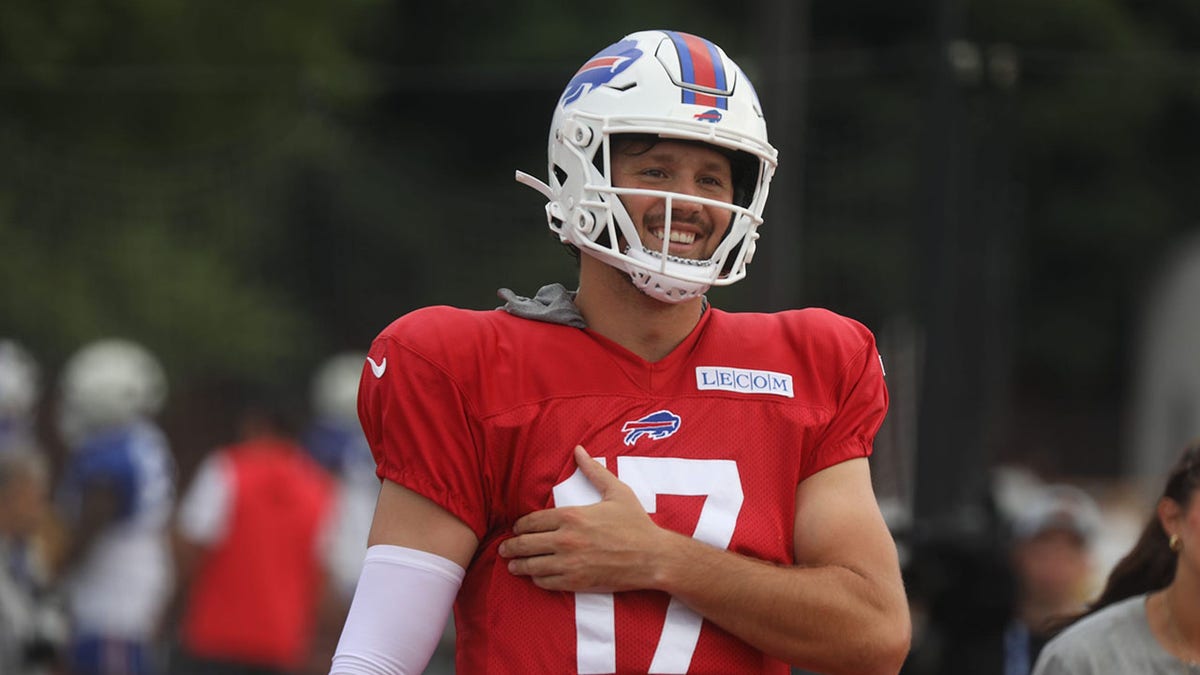 Josh Allen smiles at practice