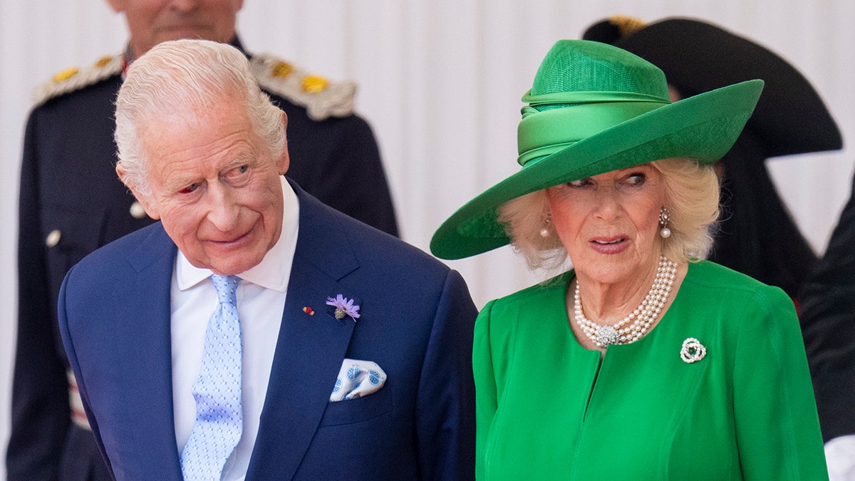 King Charles successful a bluish suit opinionated adjacent to Queen Camilla successful an each greenish overgarment dress.