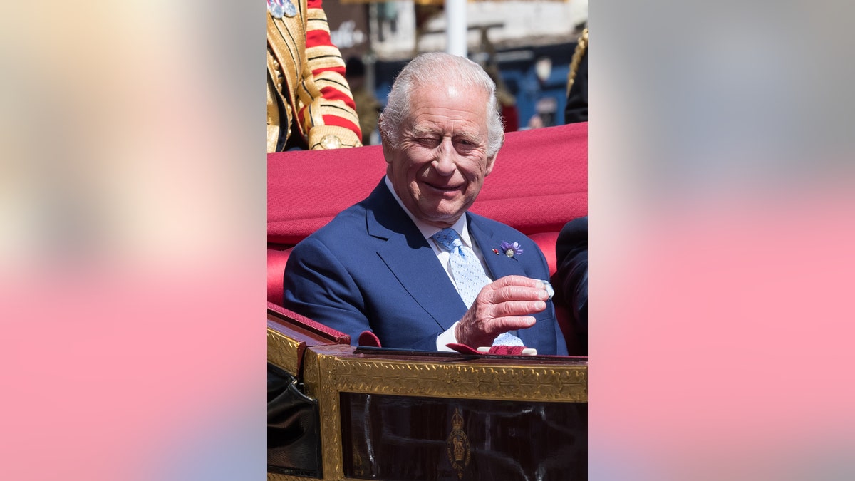 King Charles smiling successful a carriage.
