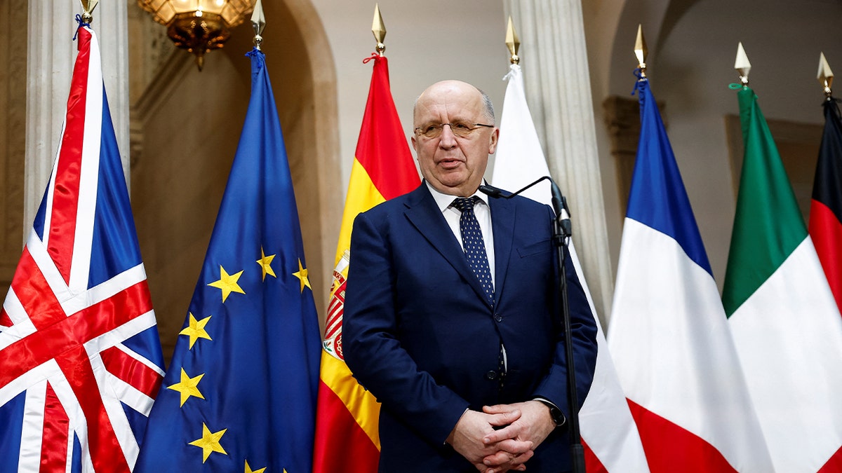 EU defense commissioner Andrius Kubilius speaks at a news conference