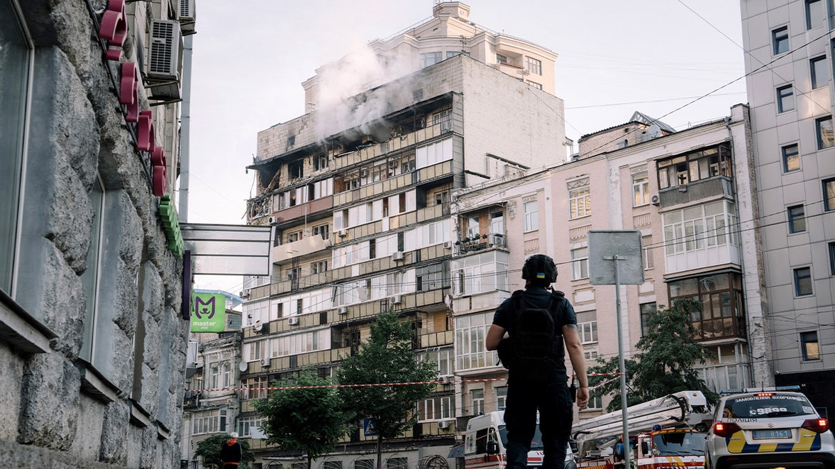 A Russian airstrike hits a residential building in Kyiv, Ukraine.
