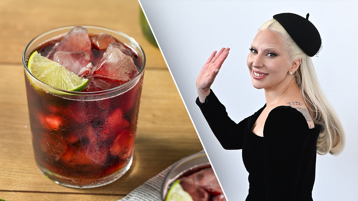 Split image of kalimotxo drink, Lady Gaga waving