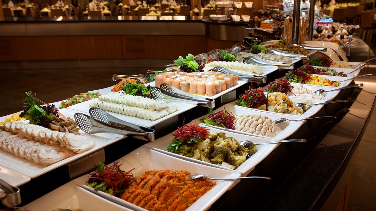 Display of buffet options including sushi