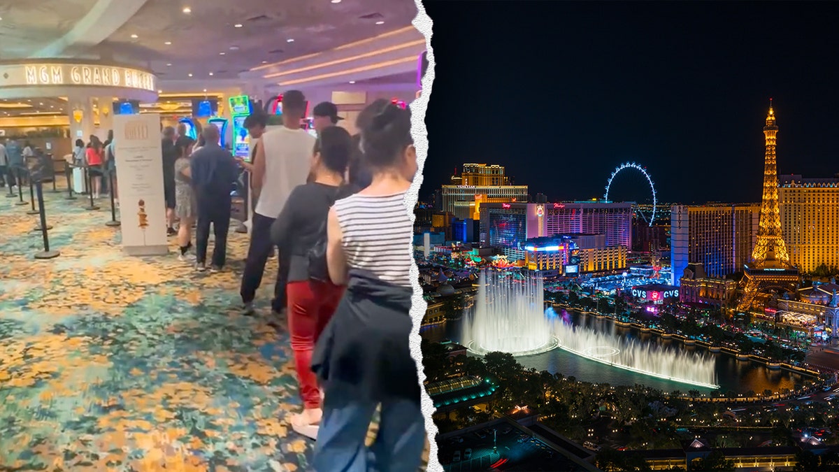 Split image of buffet line, Las Vegas skyline