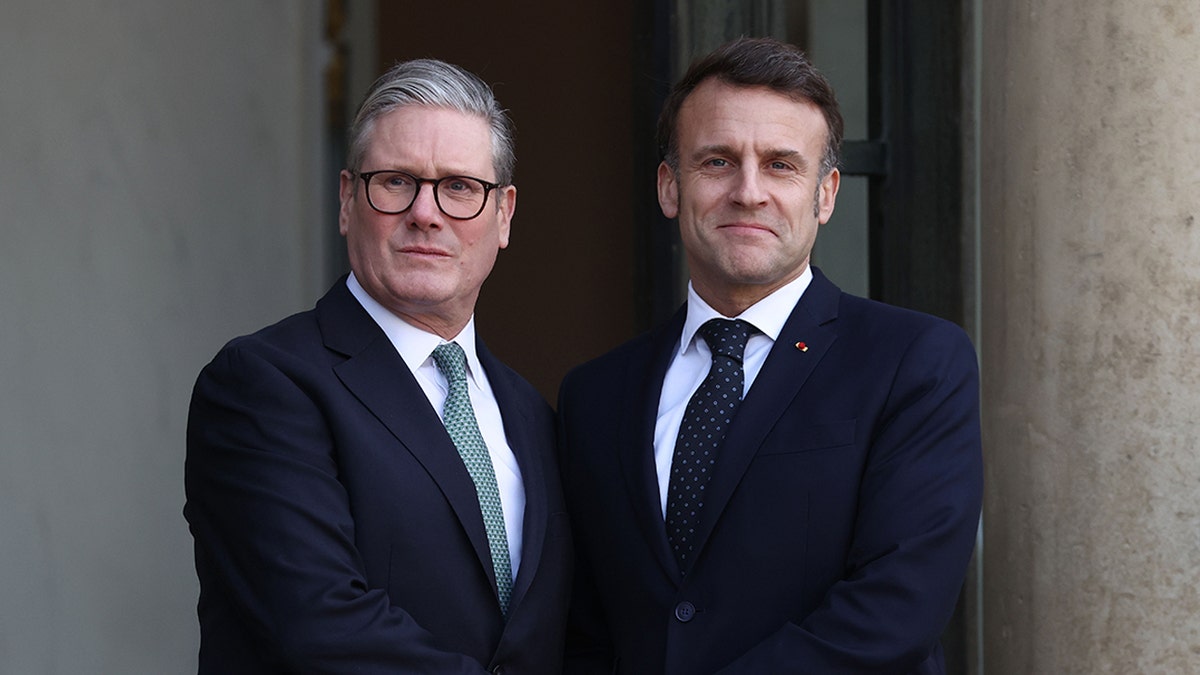 French President Emmanuel Macron welcomes British Prime Minister Keir Starmer (L) during a meeting on the situation in Ukraine and security issues in Europe at the Elysée Palace on Feb. 17, 2025 in Paris, France.