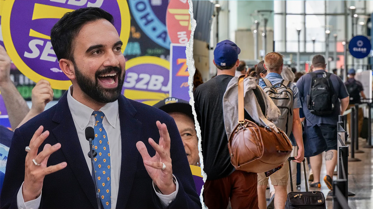 Zohran Mamdani, left; airport stock image, right