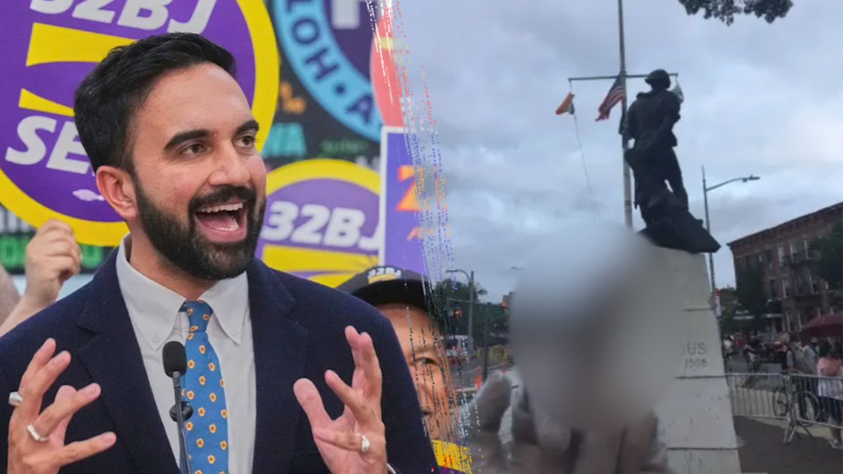 Photo of Zohran Mamdani split with a photo of Columbus statue