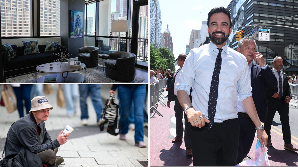 Zohran Mamdani pictured alongside a homeless person and a luxury condo