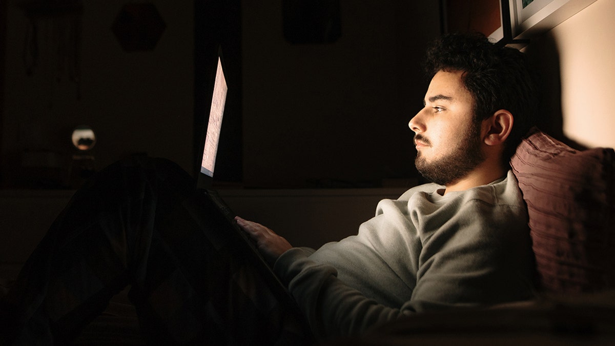 A young man in bed using his laptop