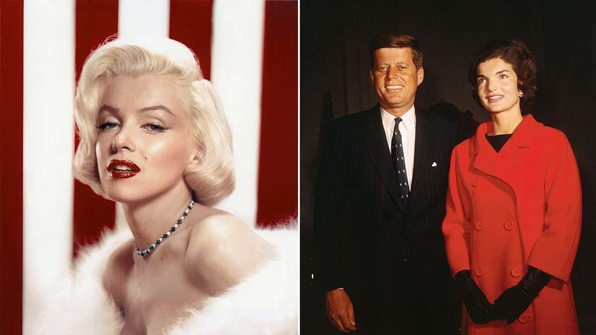 A split side-by-side image of Marilyn Monroe and John F. Kennedy and Jackie Kennedy