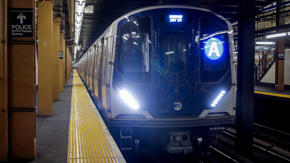 The A train seen at a subway station in Manhattan