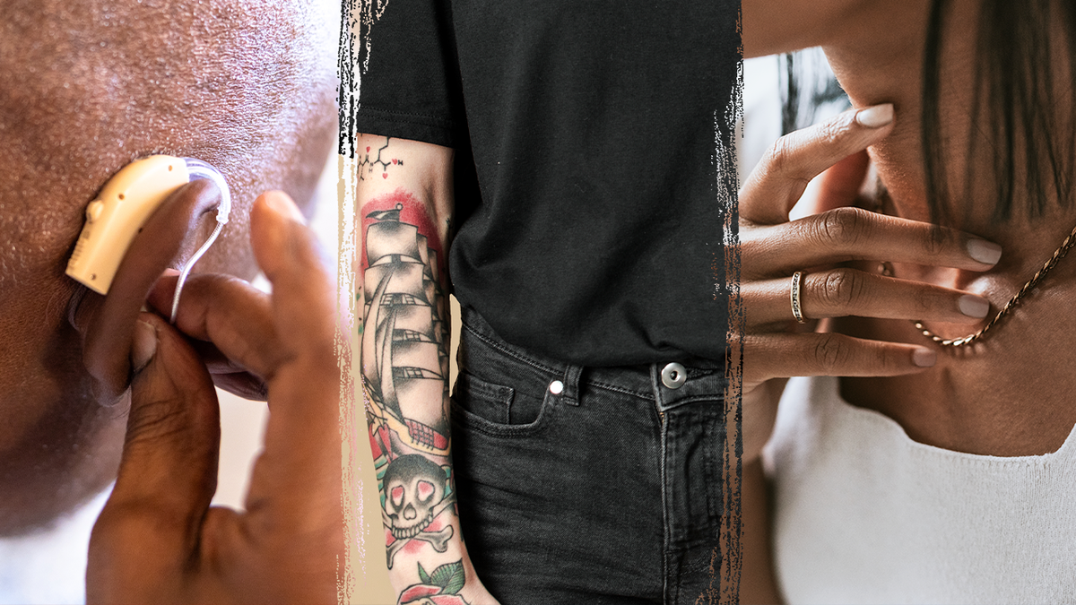 Imagen dividida del hombre con audífono, hombre con manga de tatuajes y mujer con joyas