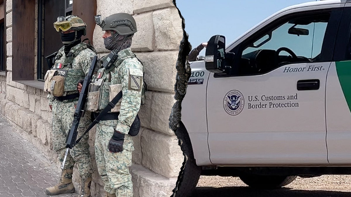 crack stone thumbnail split of Mexican National Guard soldiers on left, US Border Patrol car on right