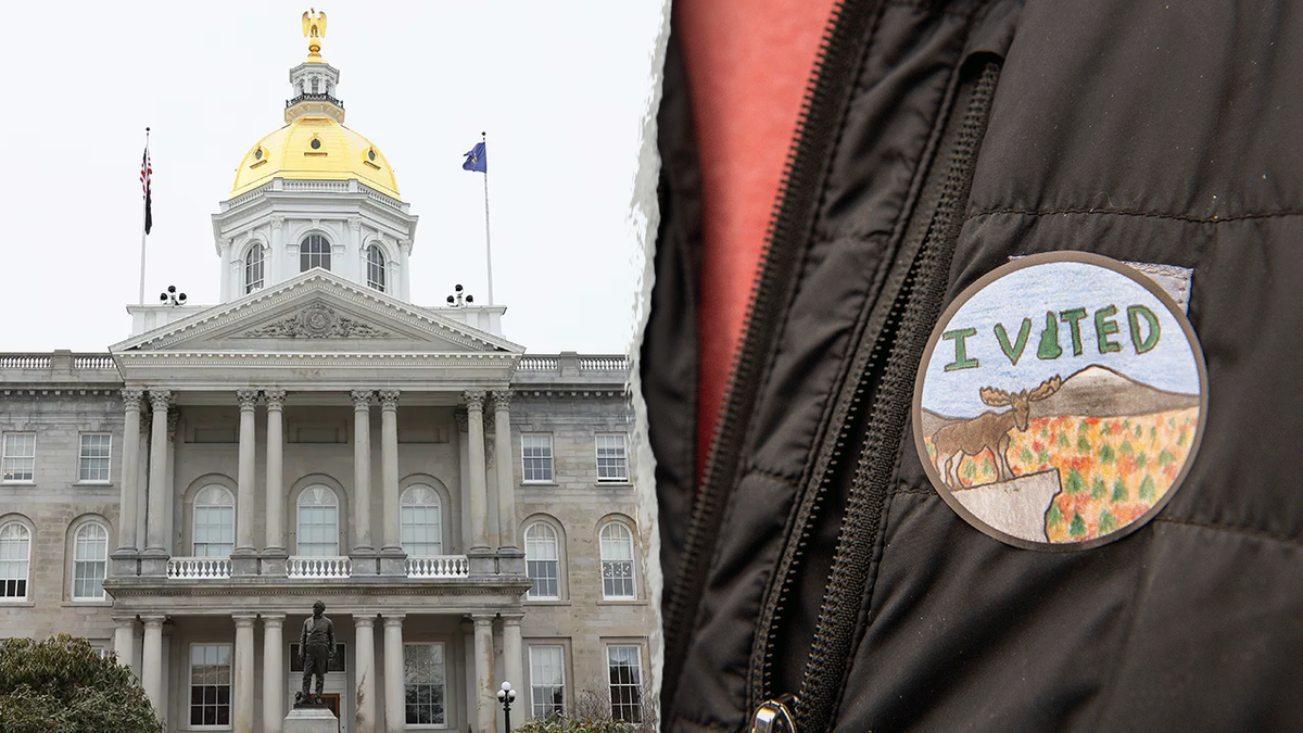 NH state capitol, left; I voted patch on jacket, right