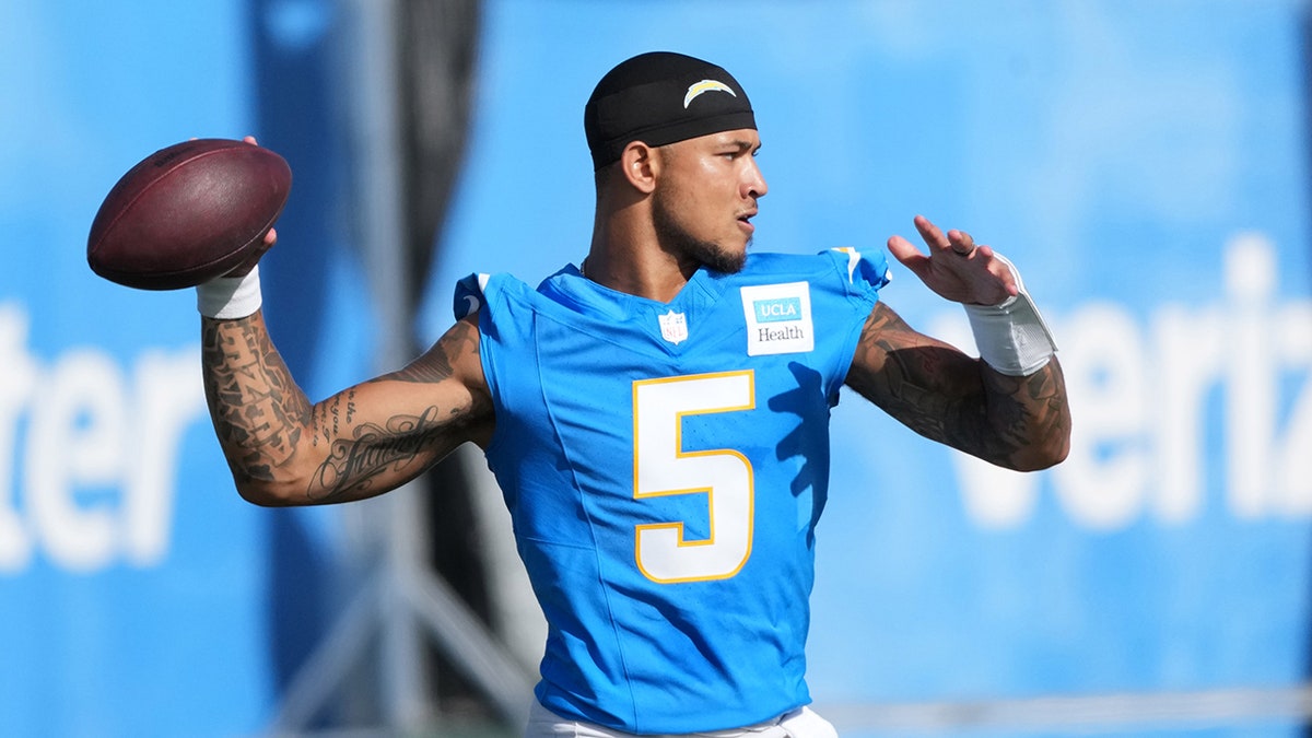 Los Angeles Chargers quarterback Trey Lance (5) throws the ball during training camp at The Bolt on July 25, 2025 in El Segundo, California.