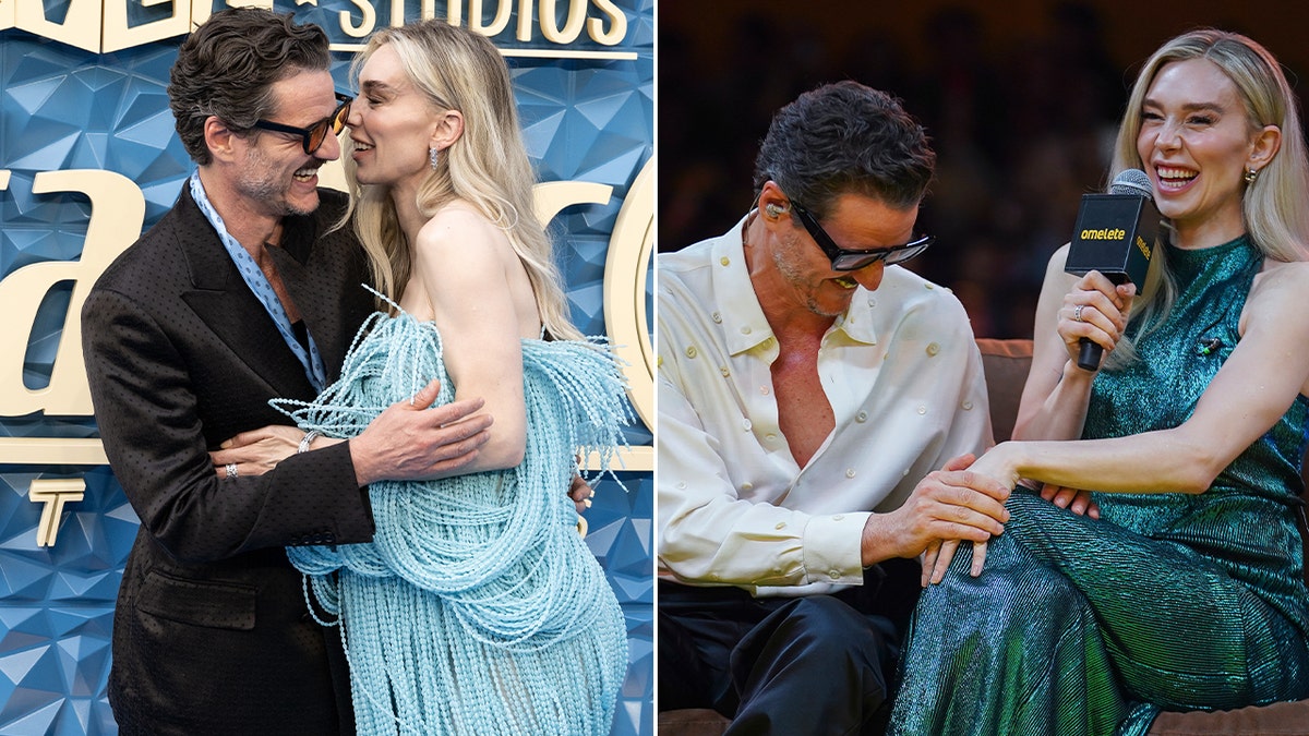 Two pictures of Pedro Pascal and Vanisa Kirby, where they touch