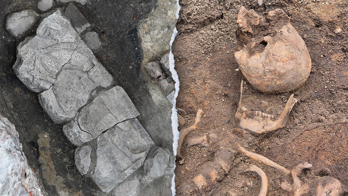 Split image of tombstone put together, skeleton astatine site