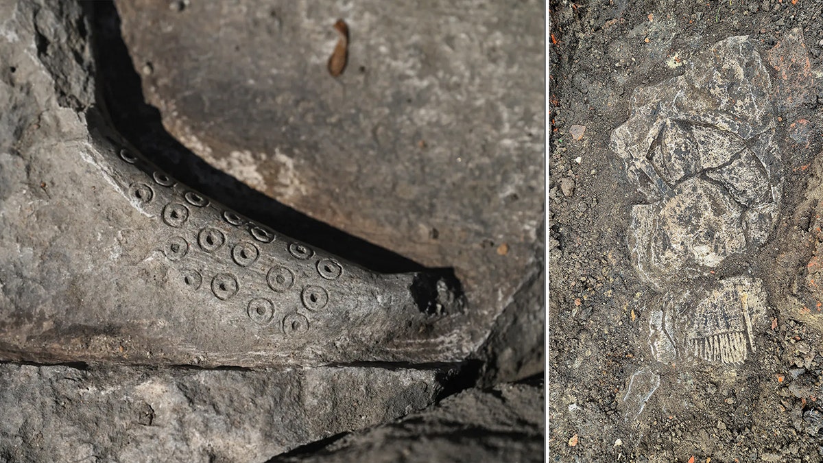 Split image of chainmail specifications connected grave, reconstructive tombstone