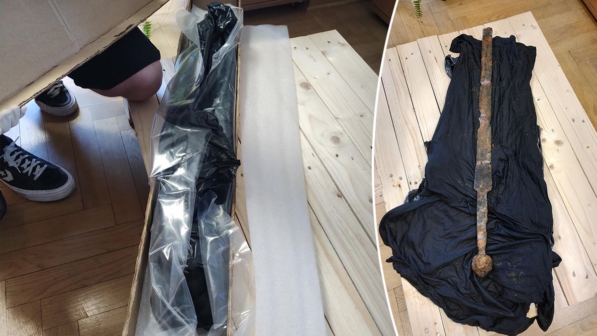 Split image of sword in wrapping, sword on display