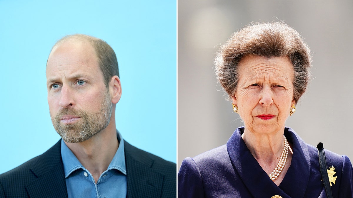 A split side-by-side image of Prince William and Princess Anne.