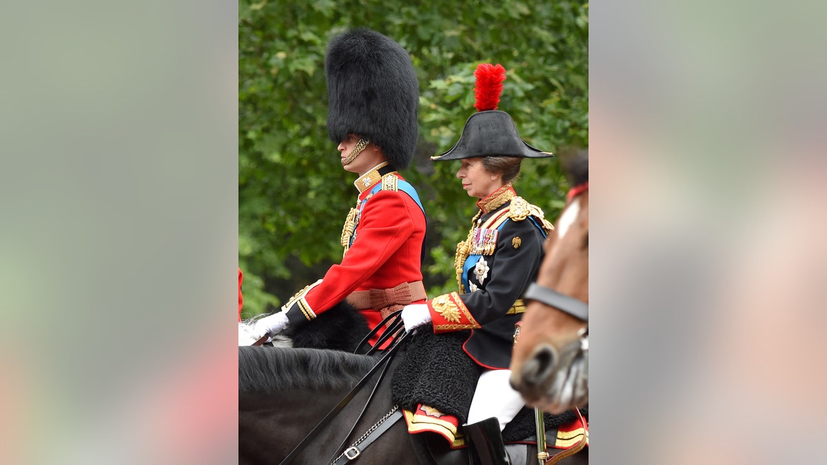 Prince William and Princess Anne in formal military wear riding horses.