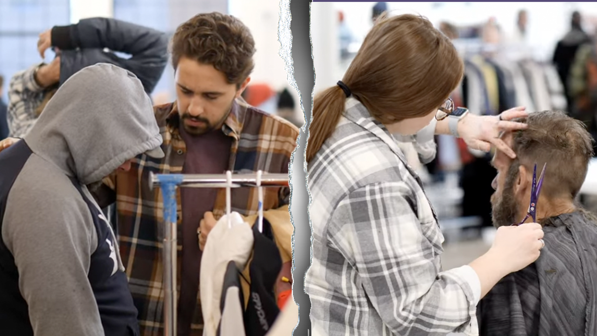 Man praying, Woman cutting hair