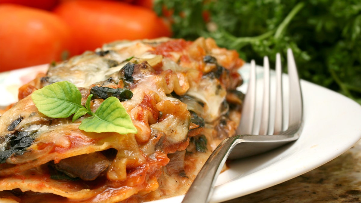 Close-up of vegetarian lasagna on plate