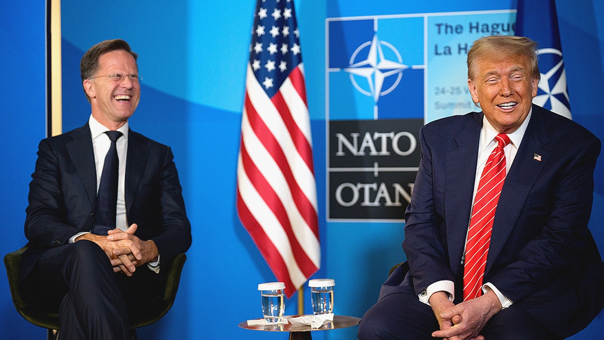 Mark Rutte, left, praises President Donald Trump, right.